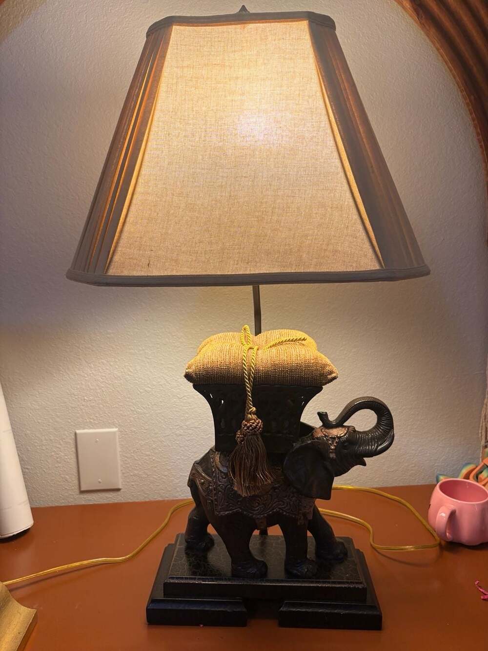 Vintage Elephant Table Lamp Bronze Resin with Tassel Accent and Shade